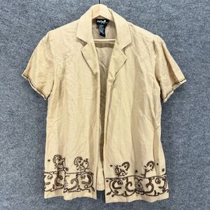 Positive Shirt Women 8 Beige Geometric Rhinestone Collared Open Front Linen